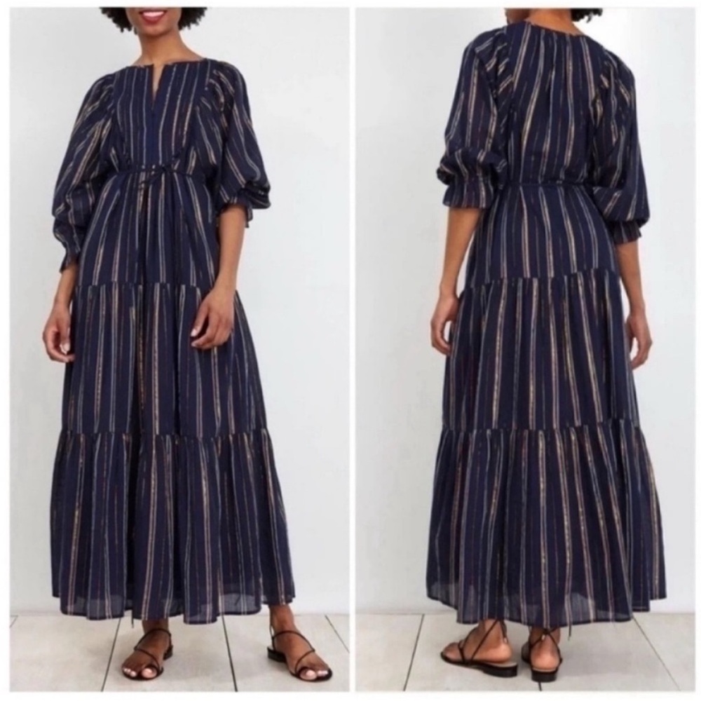 Apiece Apart Francesca Bib Tiered Long Sleeve Maxi Dress Metallic Stripe